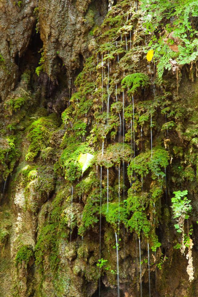 Water flowing down on the rock wall photo