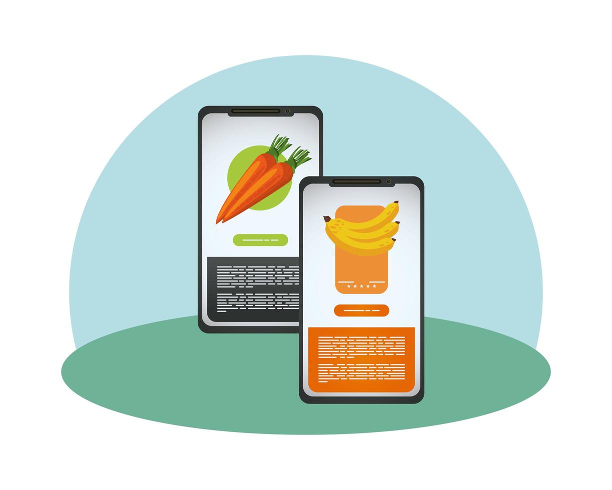 smartphone devices mockup with carrots and bananas vector