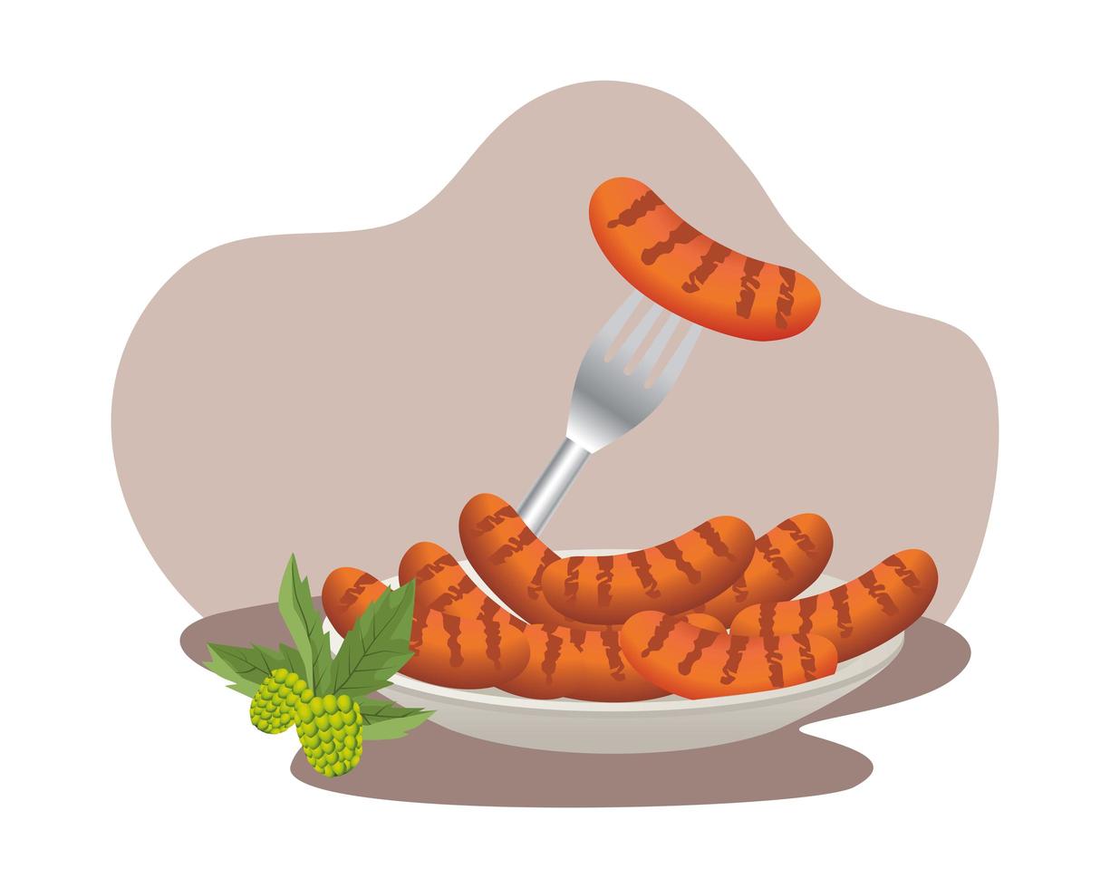 delicious sausages in dish with fork vector