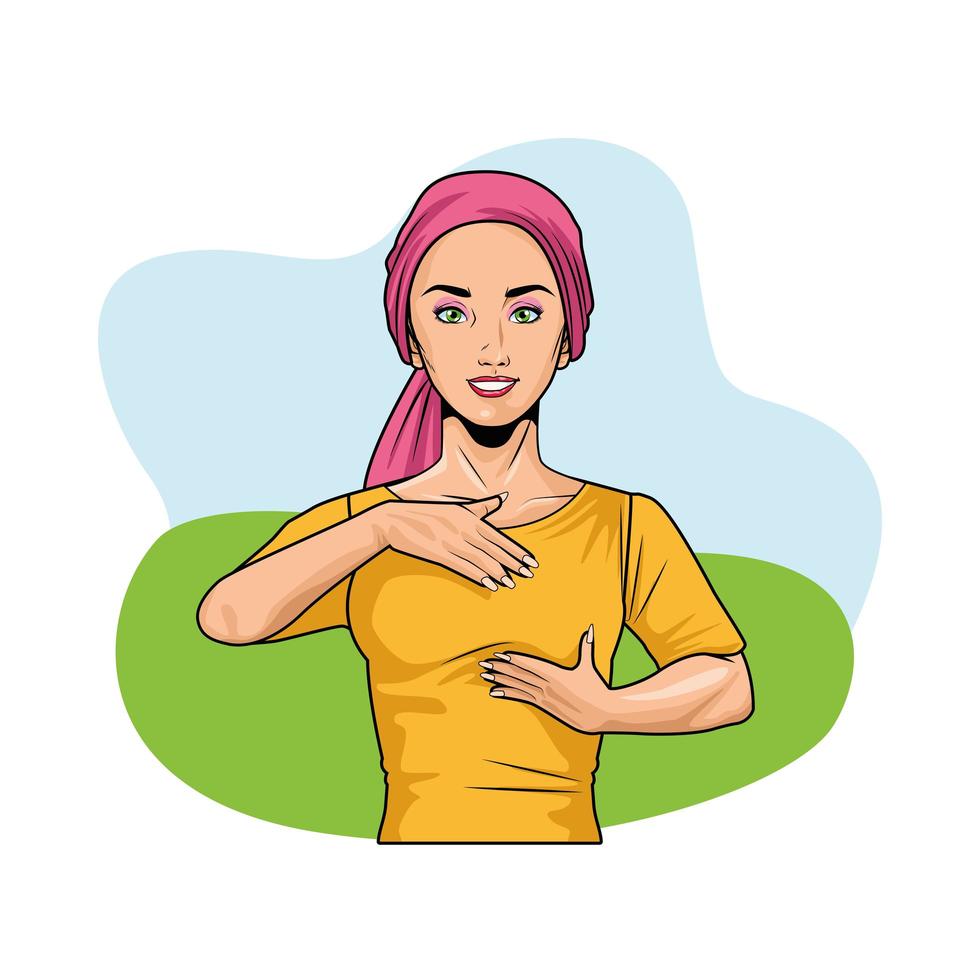 woman doing breast self exam and wearing head scarf, pop art style vector