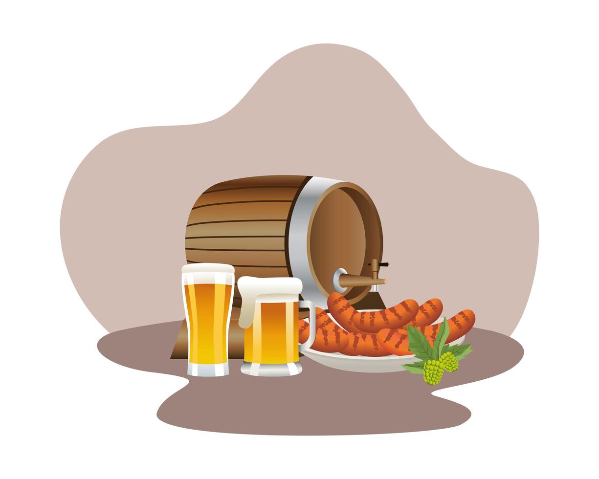 Barril de cerveza de madera con jarras y salchichas. vector