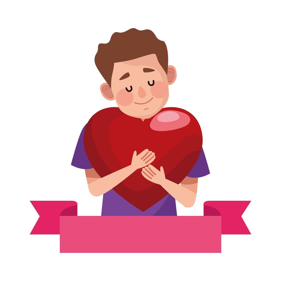 young man hugging heart icon vector