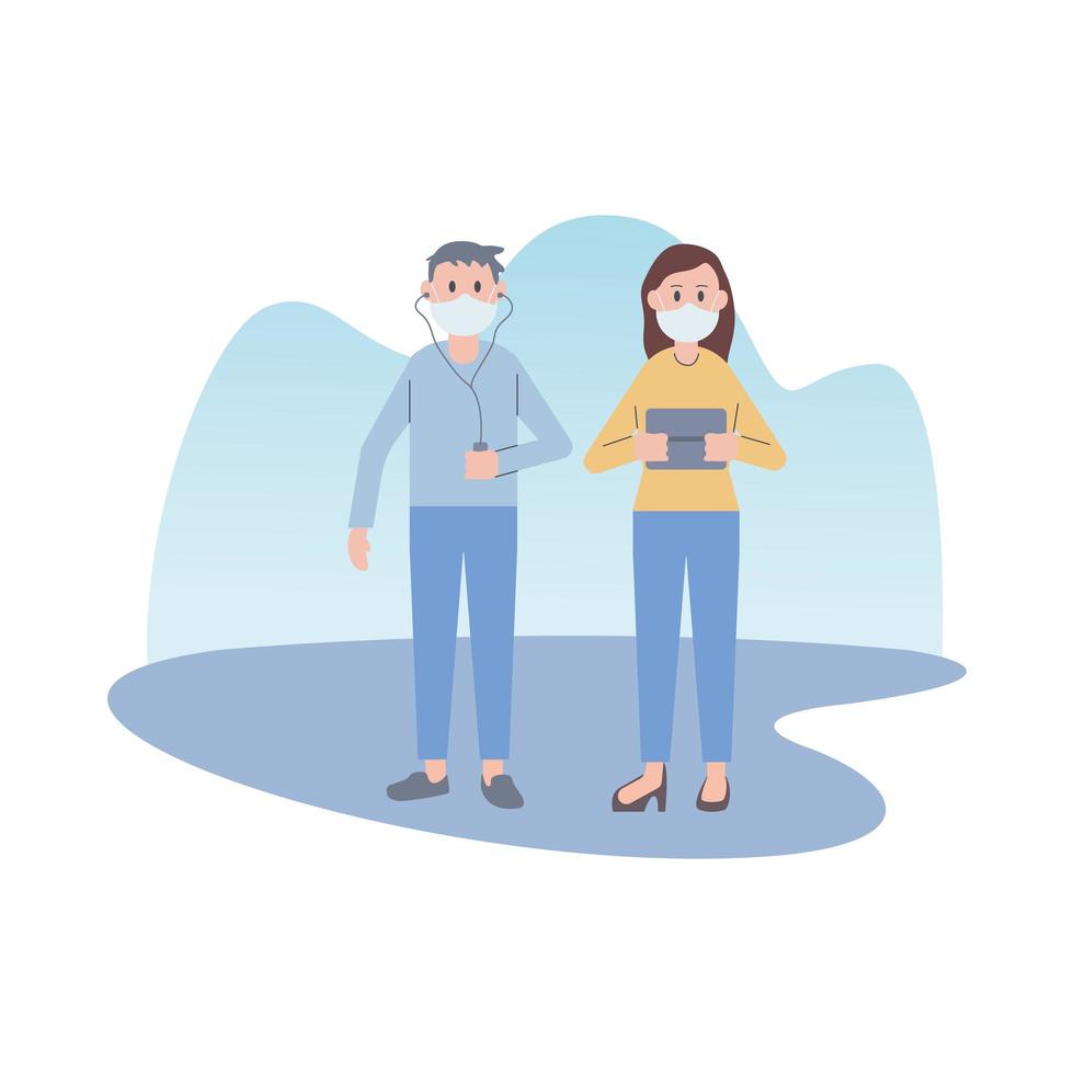young couple wearing face masks and using technology vector