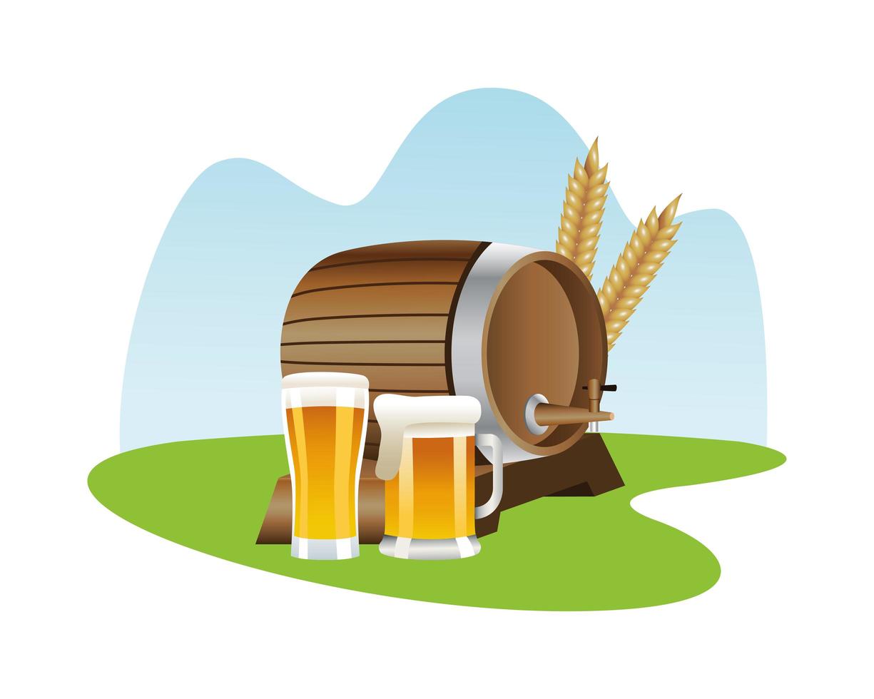 wooden beer keg with beer mugs vector