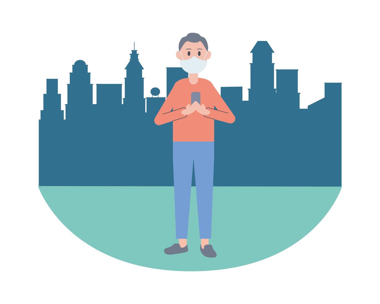 young man wearing face mask and using smartphone vector