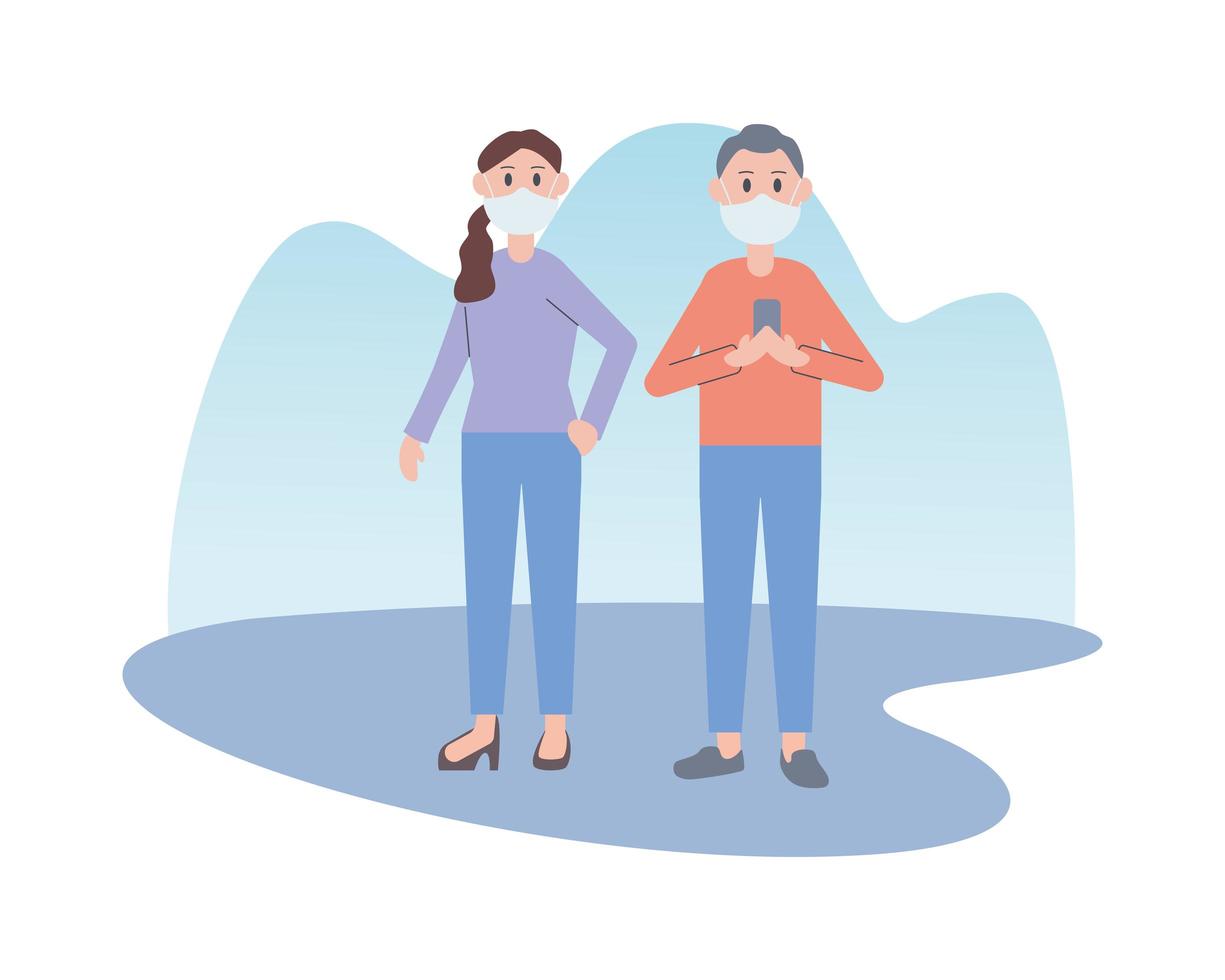 young couple wearing face masks and using smartphone vector