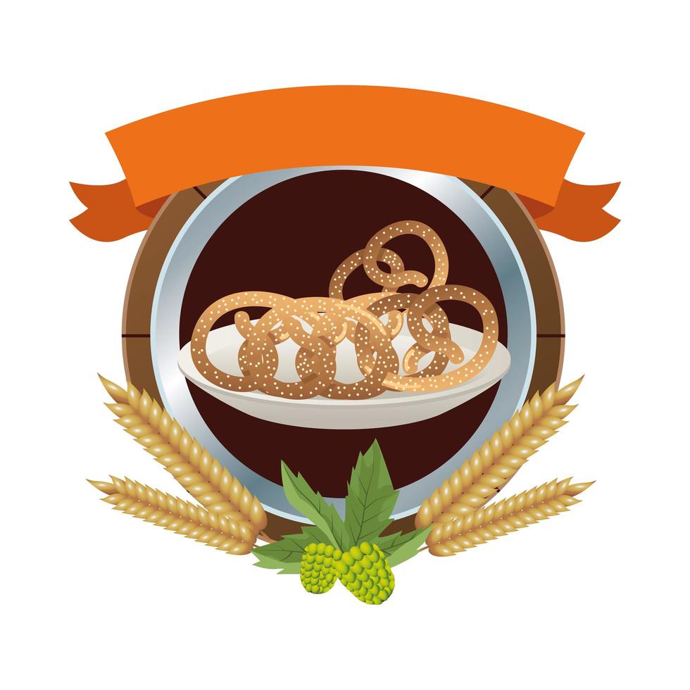 dish with pretzels with ribbon frame vector