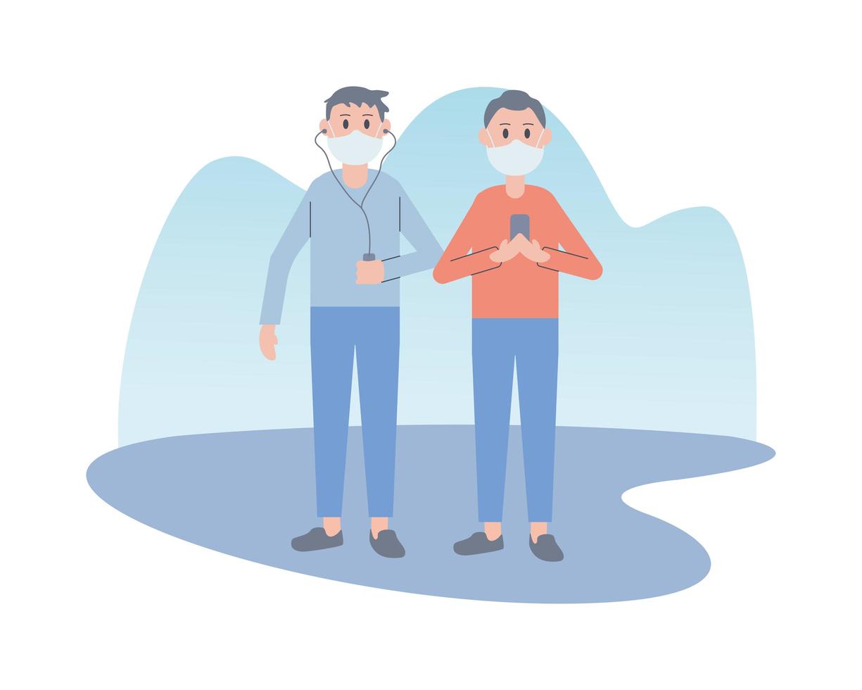 young men wearing face masks, listening to music and using smartphones vector