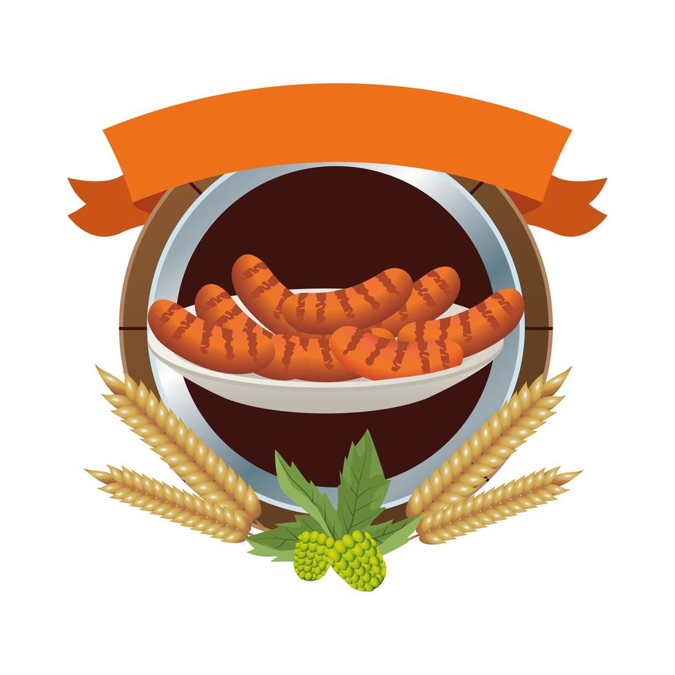 delicious sausages in dish with barley spikes vector