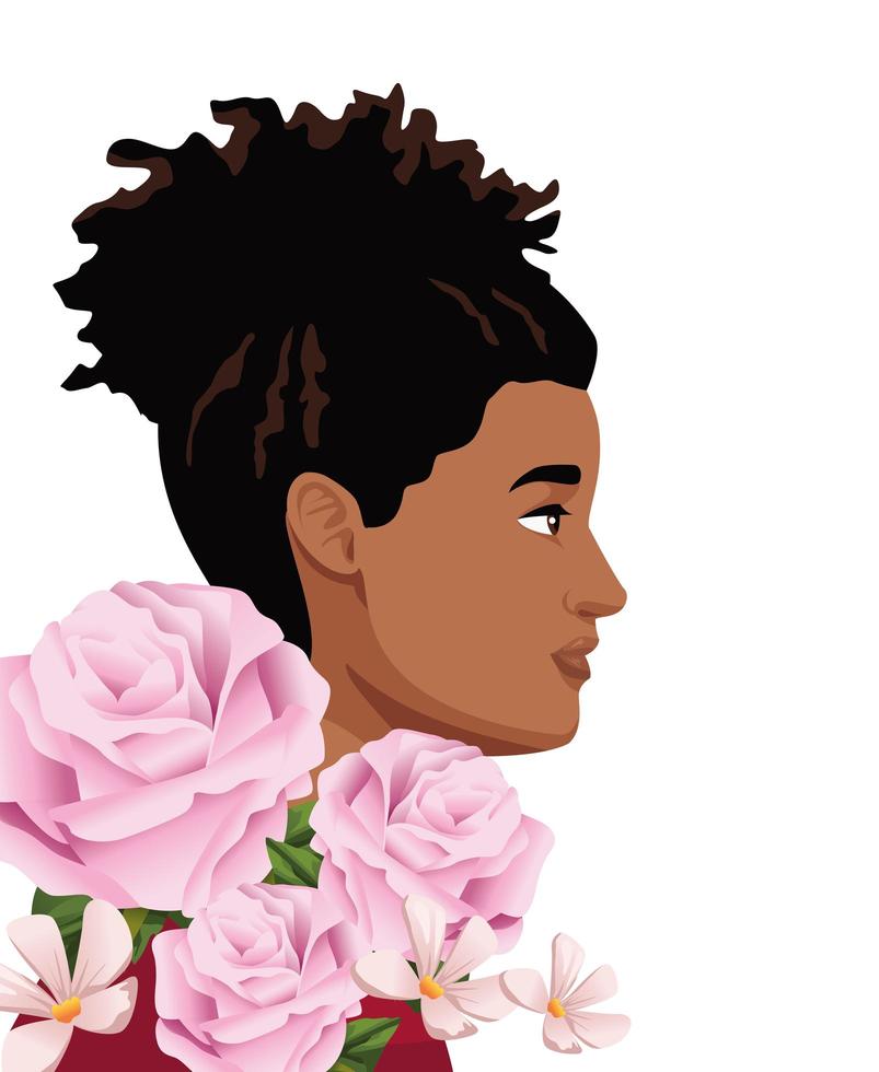 pink flowers with black woman in profile vector