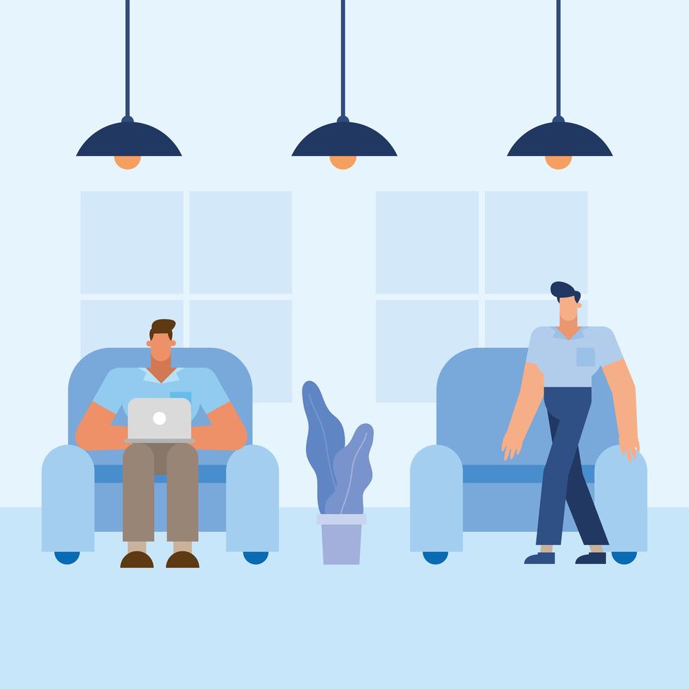 Flat design men working in the waiting room vector