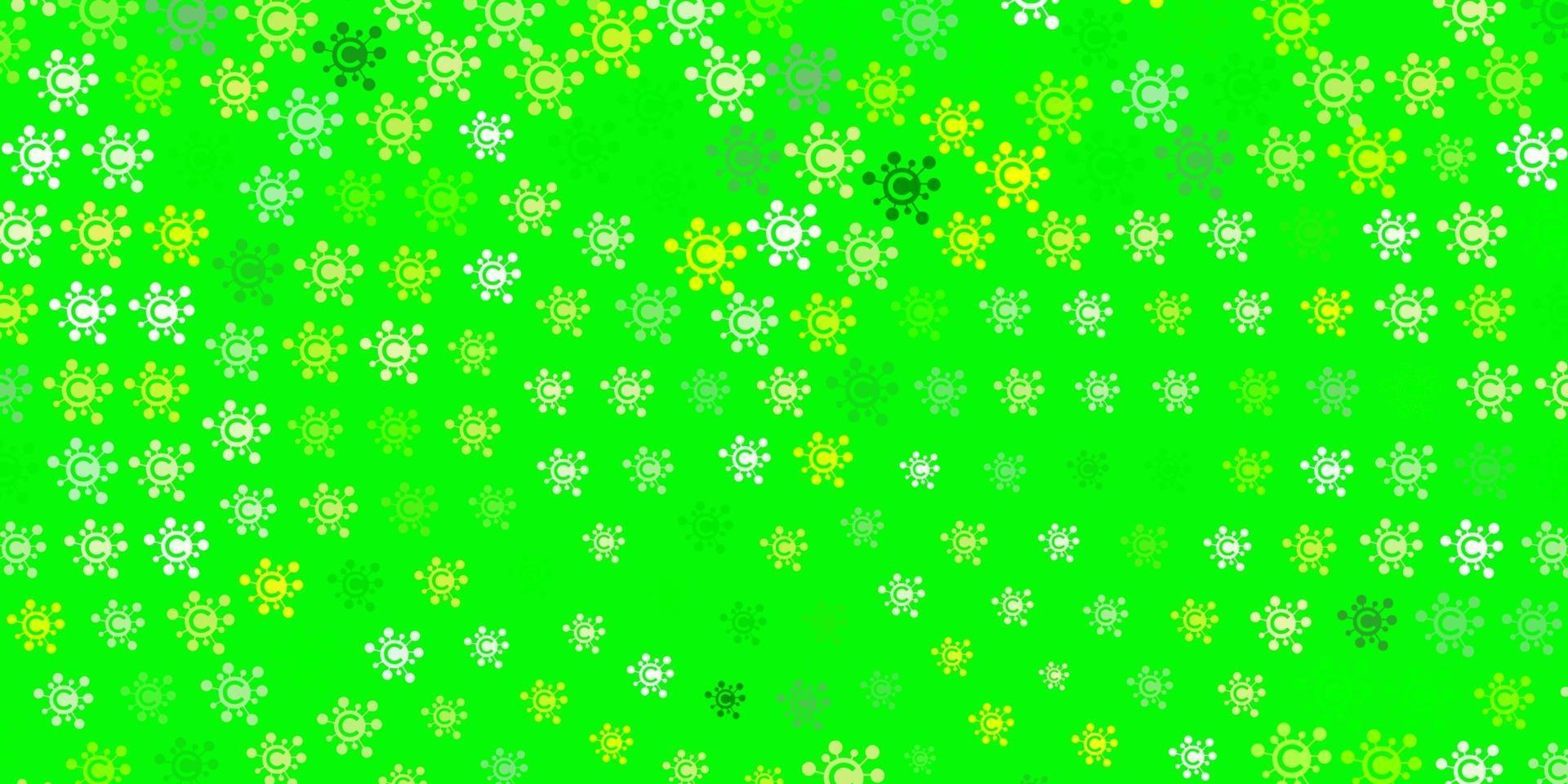 Fondo de vector verde claro, amarillo con símbolos covid-19.