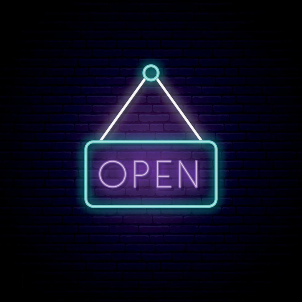 Open neon sign in a frame on brick wall background vector