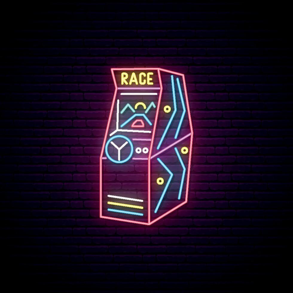 máquina de juego de arcade de carreras letrero de neón vector