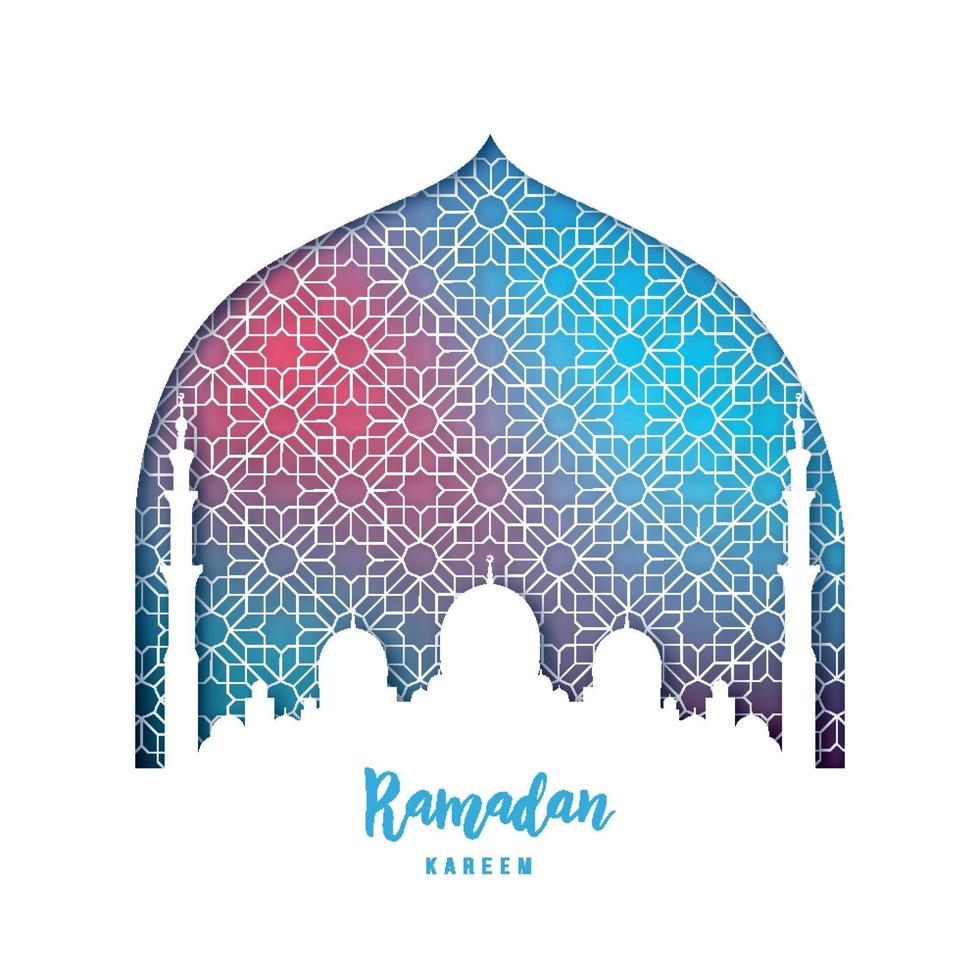 Ramadán Kareem hermosa tarjeta de felicitación. silueta de la mezquita en estilo papel. vector