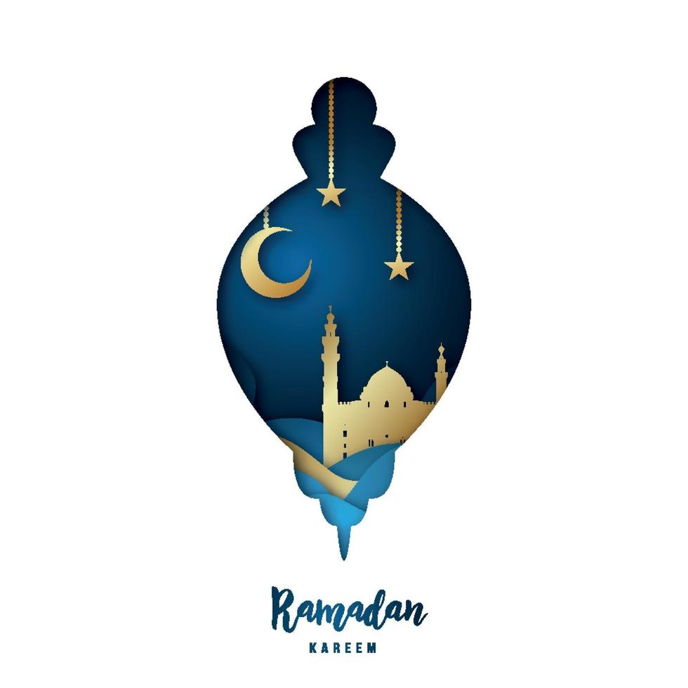 Ilustración de Ramadán Kareem con mezquita árabe de origami de oro en lámpara de silueta, luna creciente y estrellas. estilo de corte de papel. vector