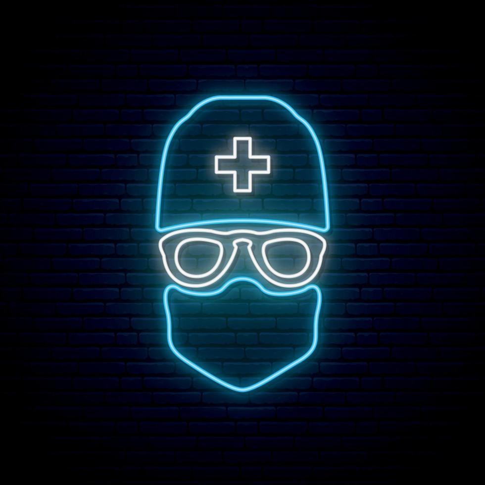 Neon doctor sign. Man doctor wearing protective medical mask, glasses and medical hat. vector