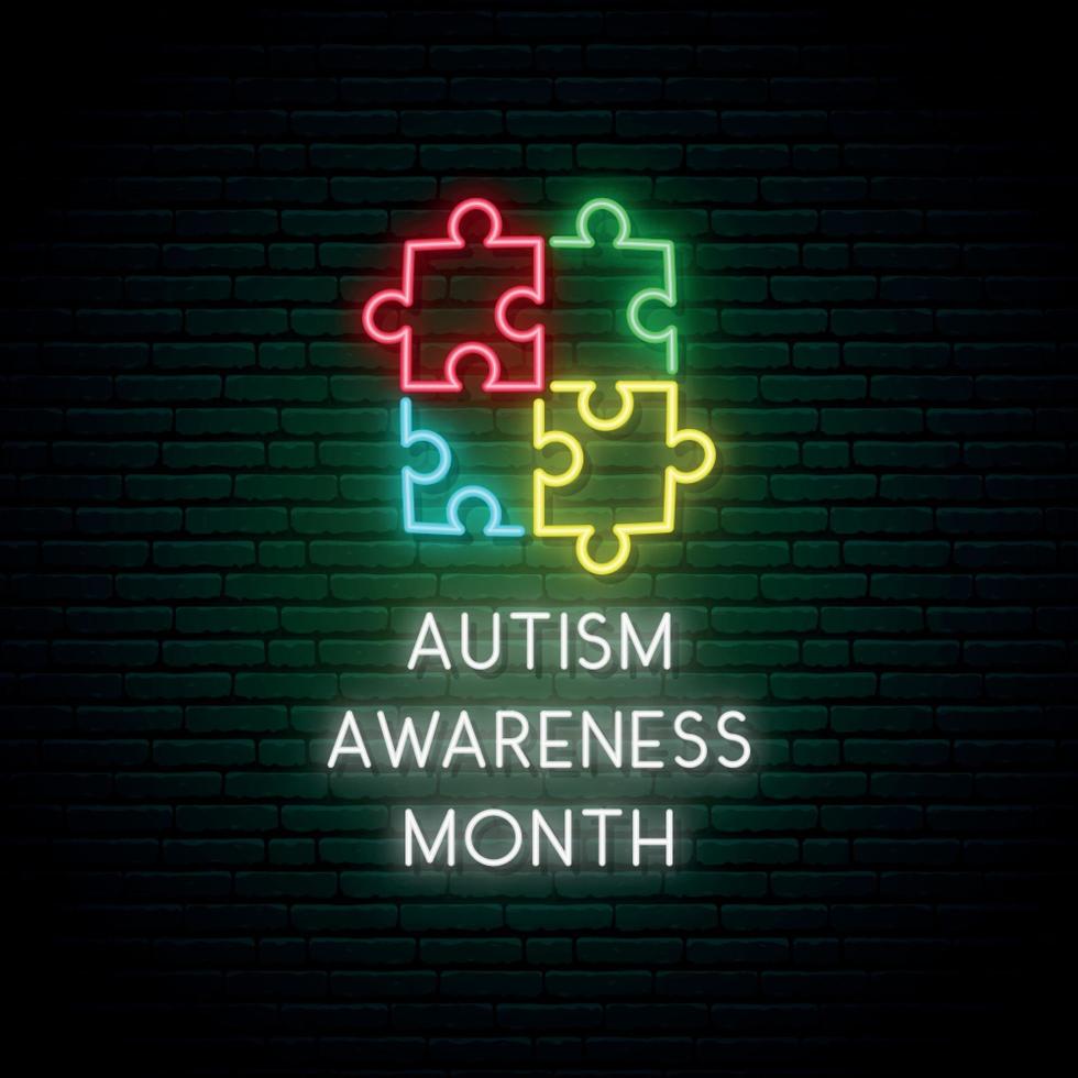 Neon Colorful puzzle. Autism awareness month. vector