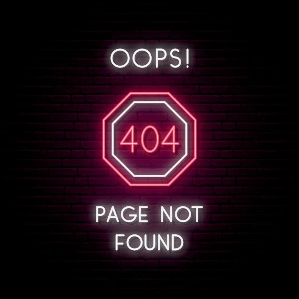 Página de error 404 no encontrada concepto letrero de neón vector