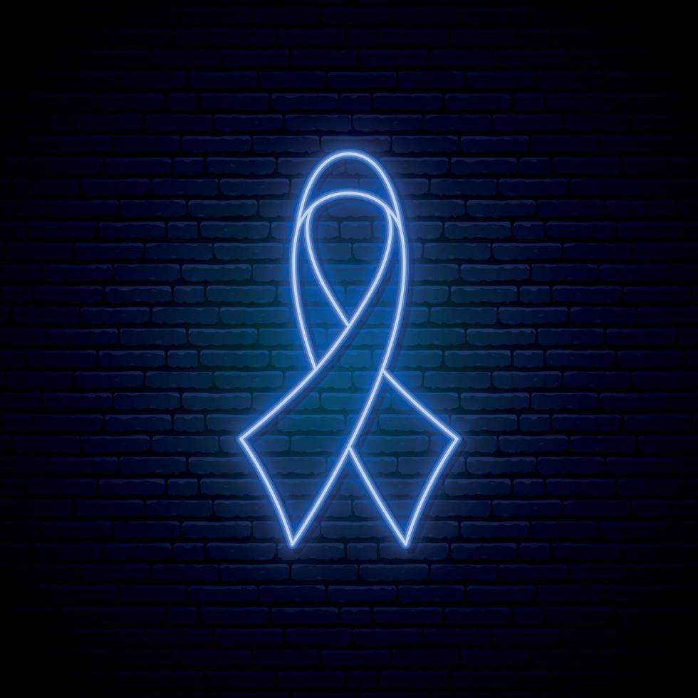 Blue ribbon neon sign. Blue awareness ribbon symbol of Colorectal cancer awareness month. vector