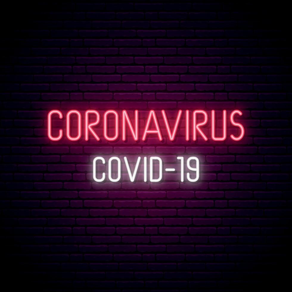 letrero de neón de coronavirus. inscripción de luz brillante covid-19 sobre fondo de pared de ladrillo oscuro. vector