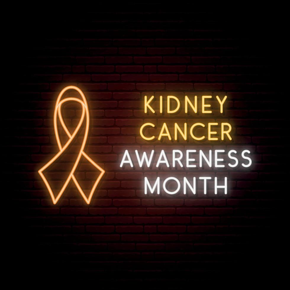 Orange ribbon neon sign. Bright light signboard. Orange ribbon symbol of Kidney Cancer awareness month vector