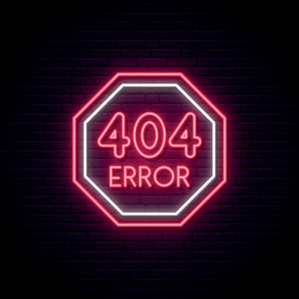 Signo de neón de error 404. Señal de advertencia de color rojo brillante sobre fondo de pared de ladrillo oscuro. página de error no encontrada concepto letrero de neón. vector