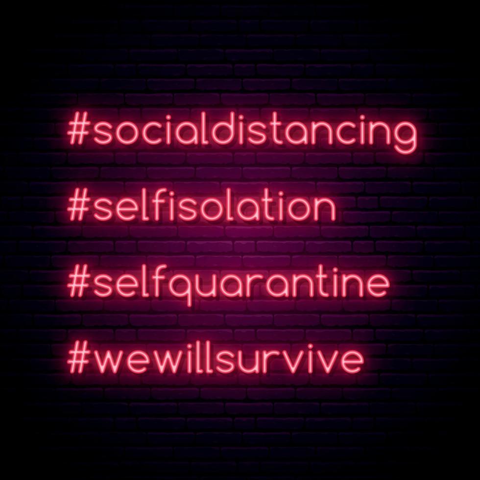 Coronavirus protect concept. Bright Self-quarantine hashtags set. Typography vector illustration in neon style