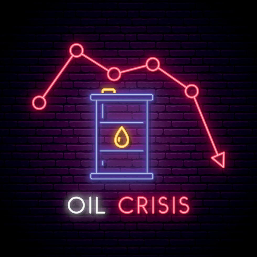 Oil crisis neon sign. Bright light oil barrel symbol on dark brick wall background. vector