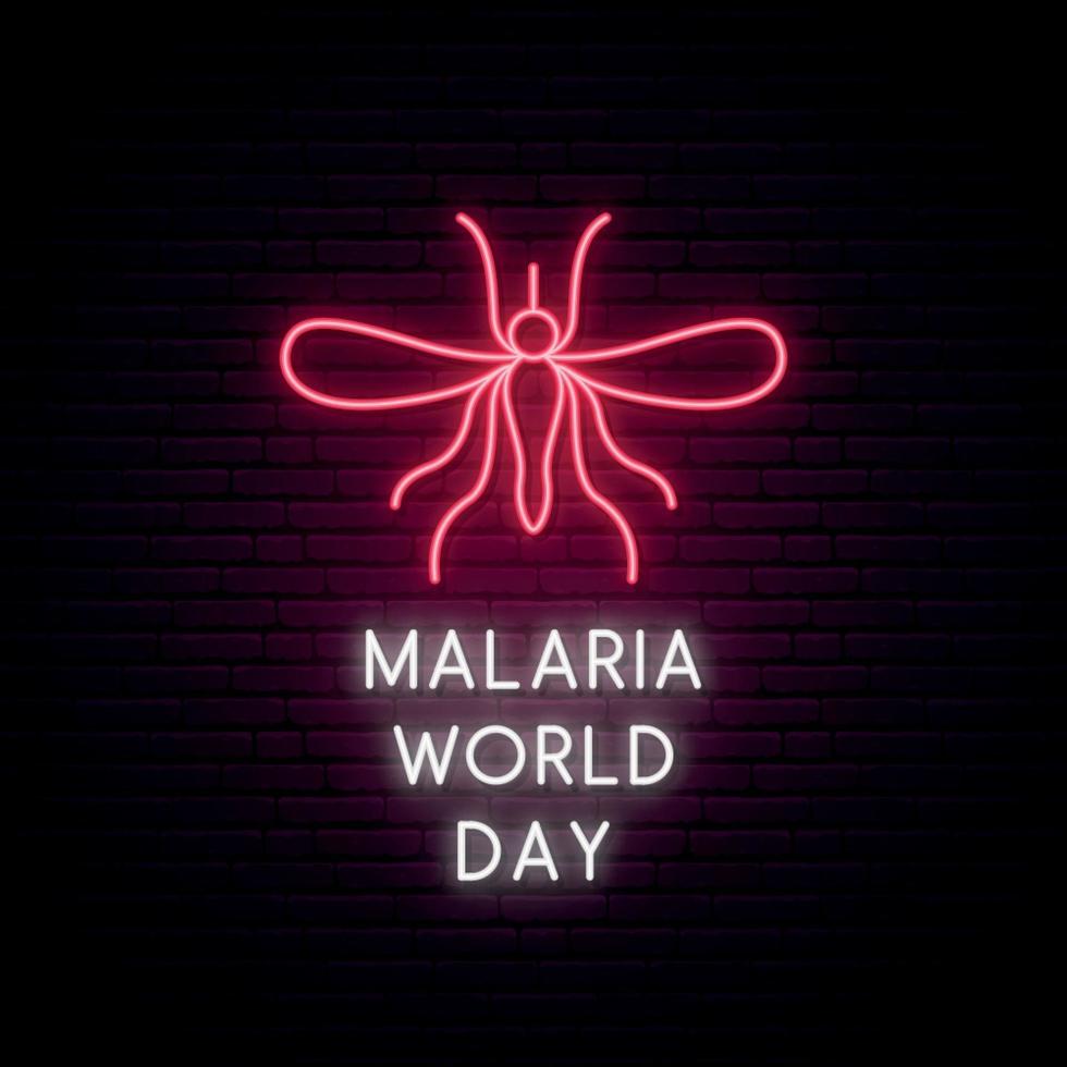 letrero de neón del día mundial de la malaria. icono de mosquito brillante. vector