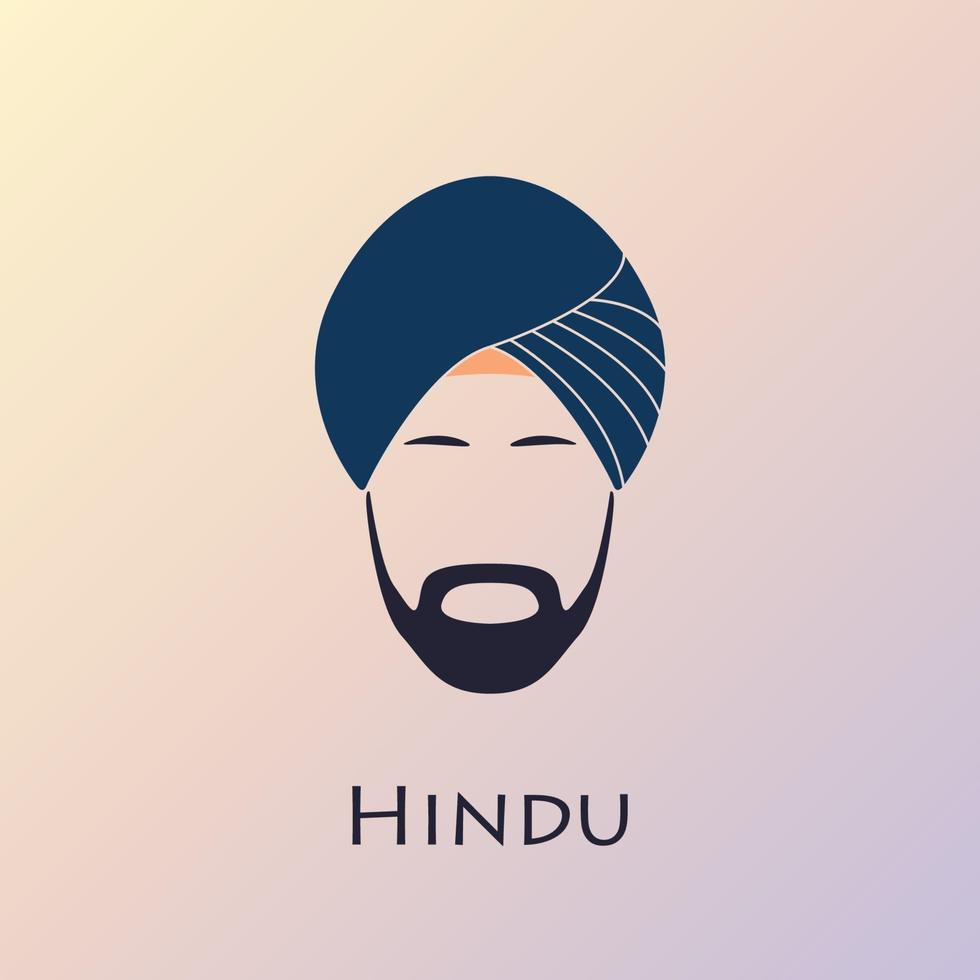 Blue turban headdress and mustache. Indian man icon. vector