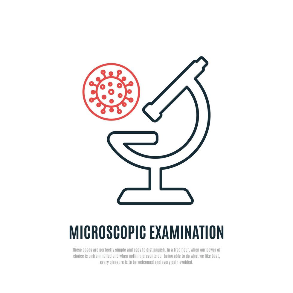 Microscope line icon. Microscopic examination of Covid-19 bacteria. vector