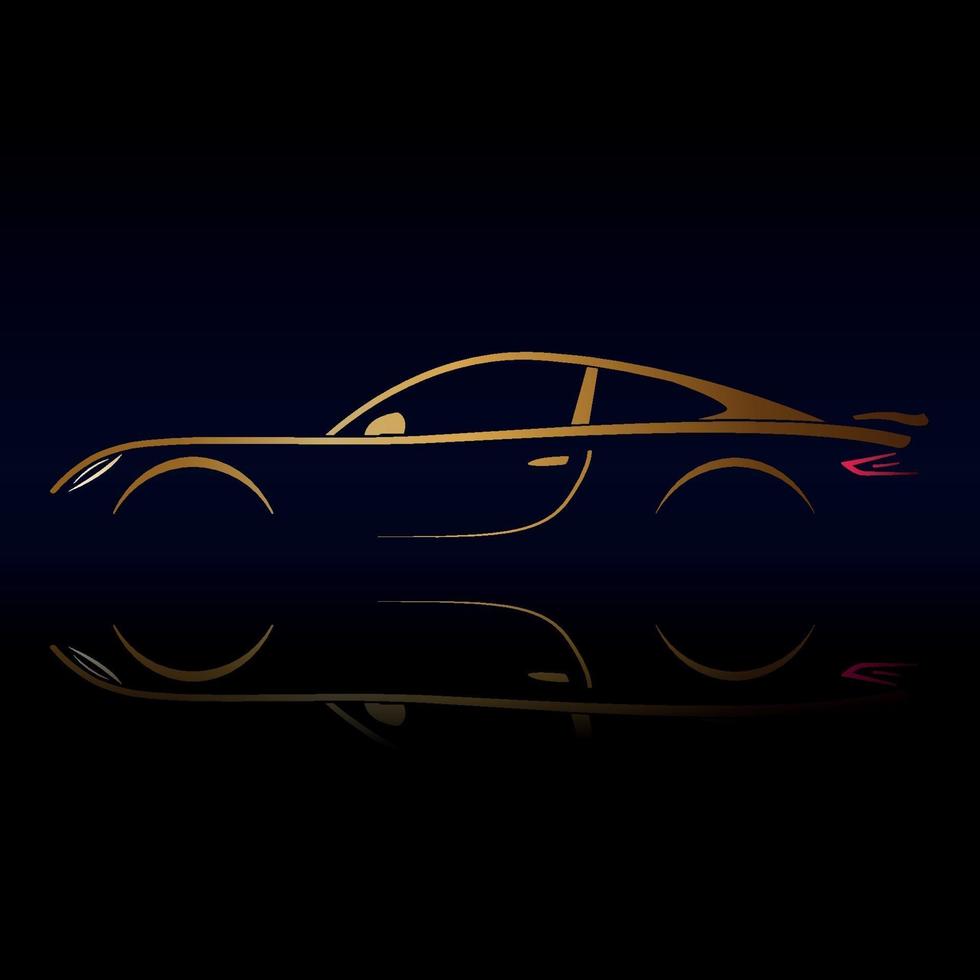 Yellow sports vehicle silhouette on black background with reflection. vector