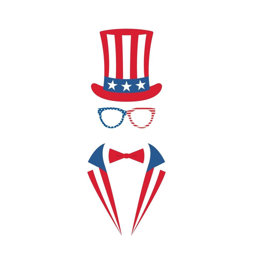 Portrait of man in glasses, tuxedo and hat of Uncle Sam. National holiday in United States of America Independence Day. vector