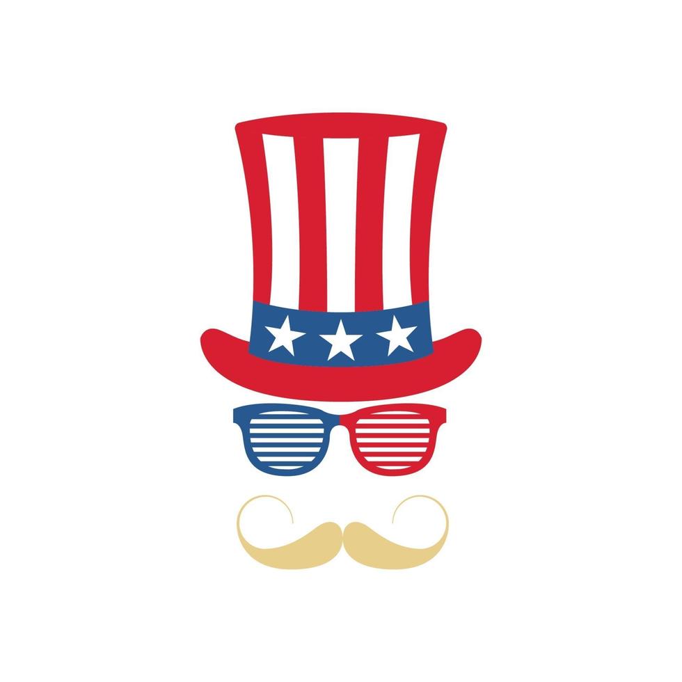 gafas, bigote y sombrero del tío sam. bandera estadounidense. fiesta nacional en el día de la independencia de los estados unidos de américa. vector