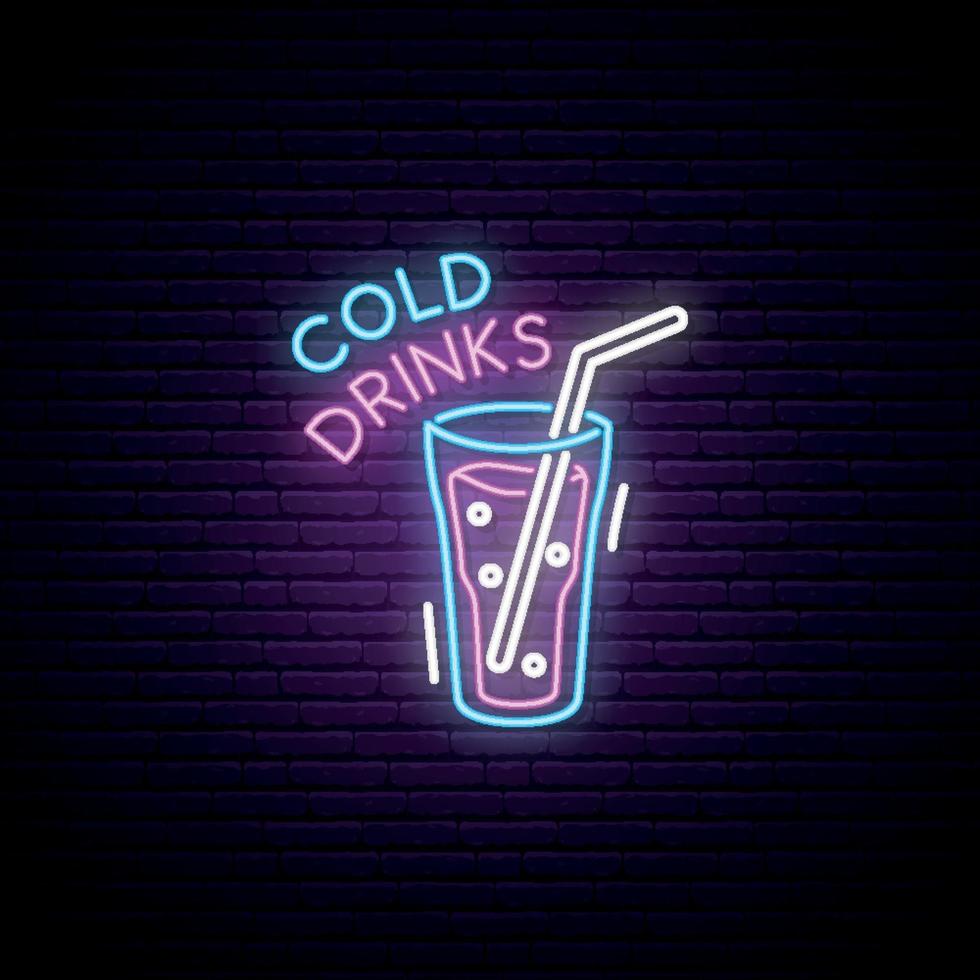 Glowing Glass of cold drink. Neon sign. vector