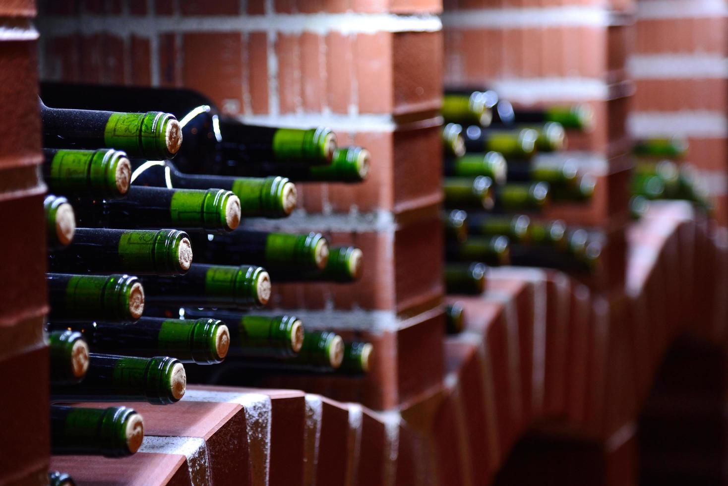 Resting wine bottles stacked in a stone brick vault photo