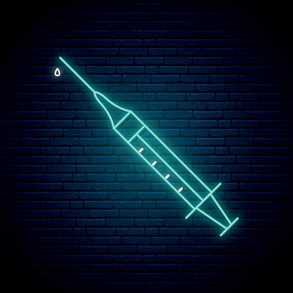 Neon syringe sign. Vector syringe illustration in neon style.