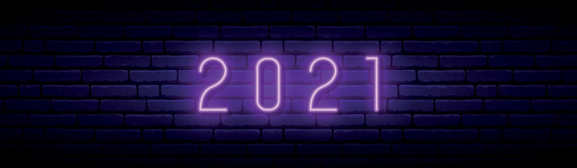 New Year 2021 neon sign. Glowing violet number 2021 on dark brick wall background. vector