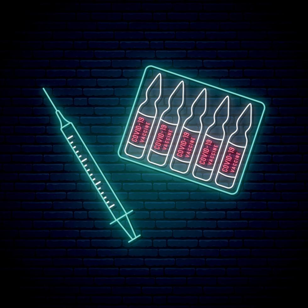 Neon syringe and vaccine signs. Stop coronavirus concept in neon style. vector