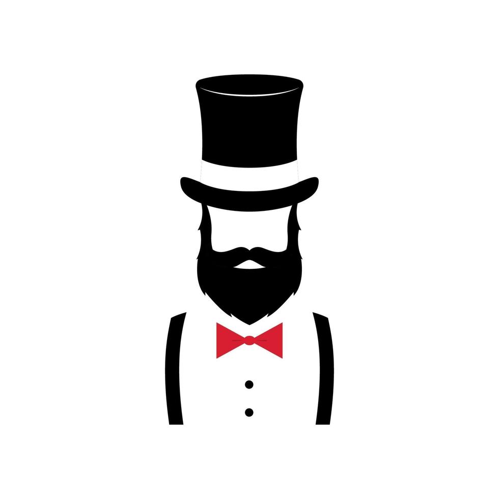Retrato minimalista de hombre con barba, con sombrero y pajarita a la antigua. vector