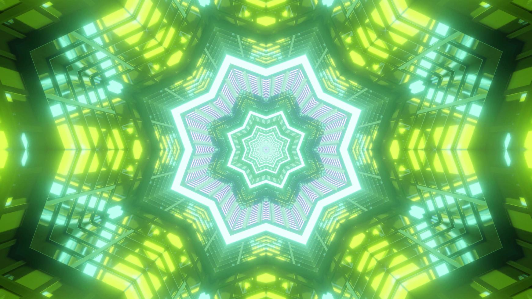 Green, yellow, blue, and white lights and shapes kaleidoscope 3d illustration for background or wallpaper photo