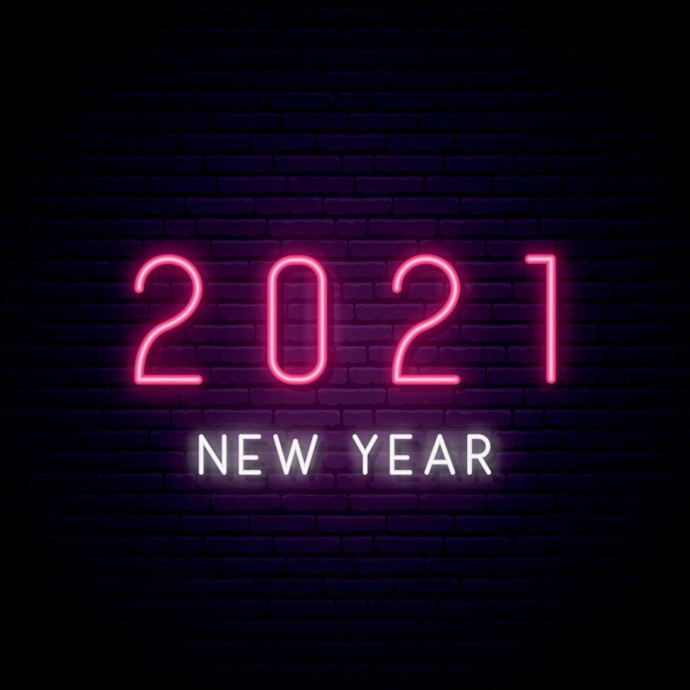 Neon 2021 sign. Bright glowing 2021 New Year signboard in neon style. vector