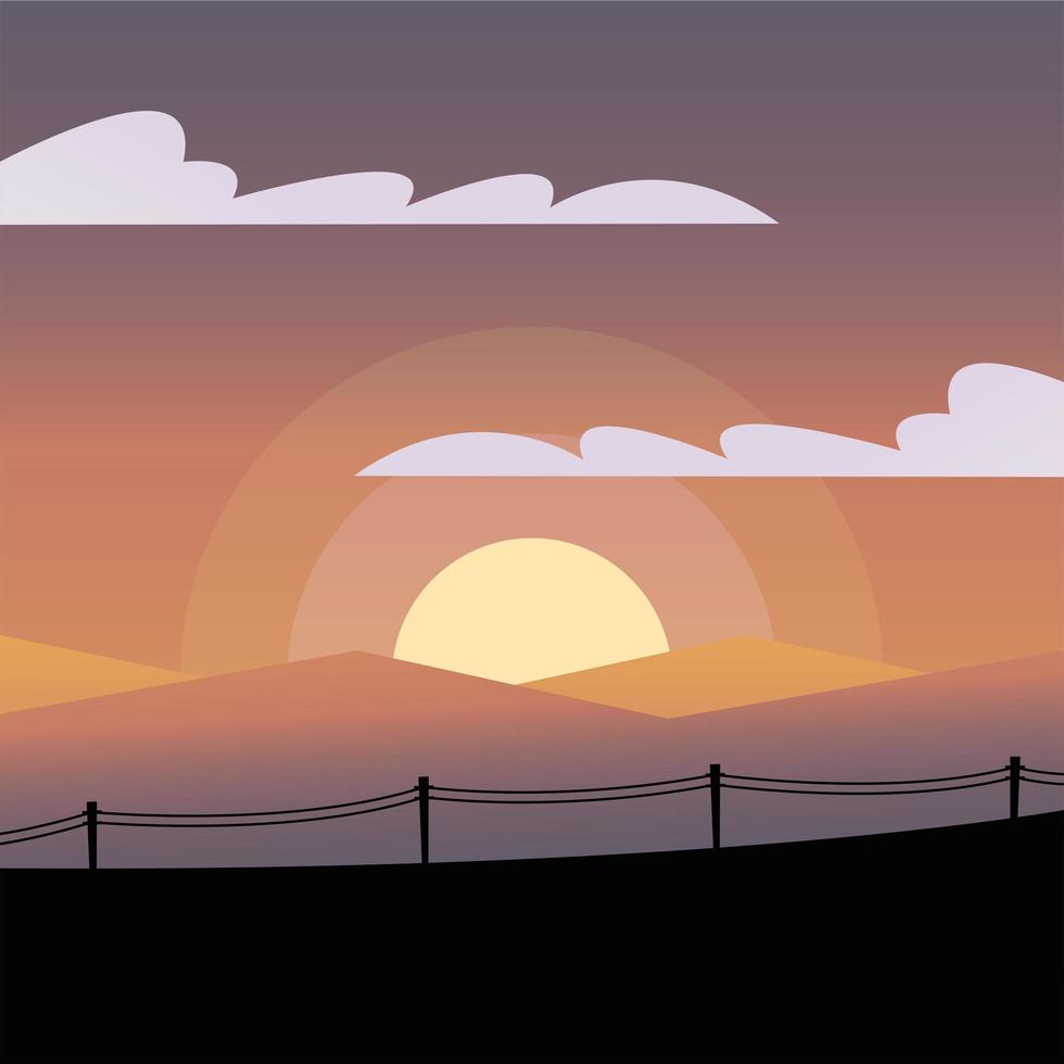 fence silhouette in front of mountains with sun background vector