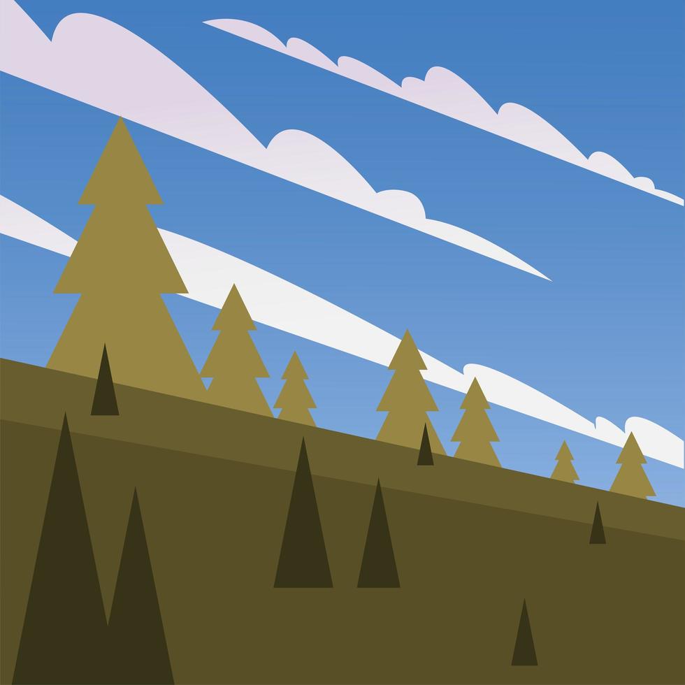 pine trees in front of a blue sky with clouds background vector