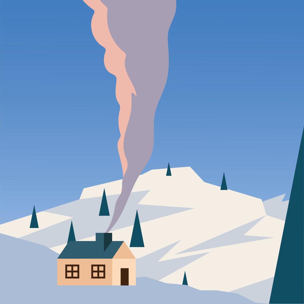 house at a snow mountain and blue sky background vector