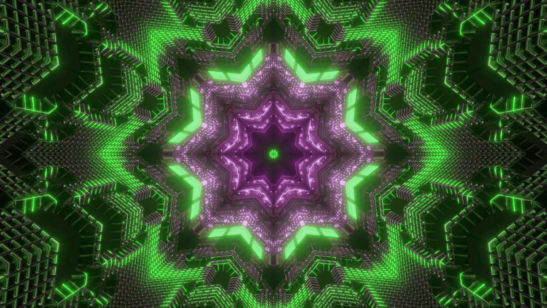 Ilustración 3d de caleidoscopio de formas y luces verdes, púrpuras y blancas para fondo o papel tapiz foto