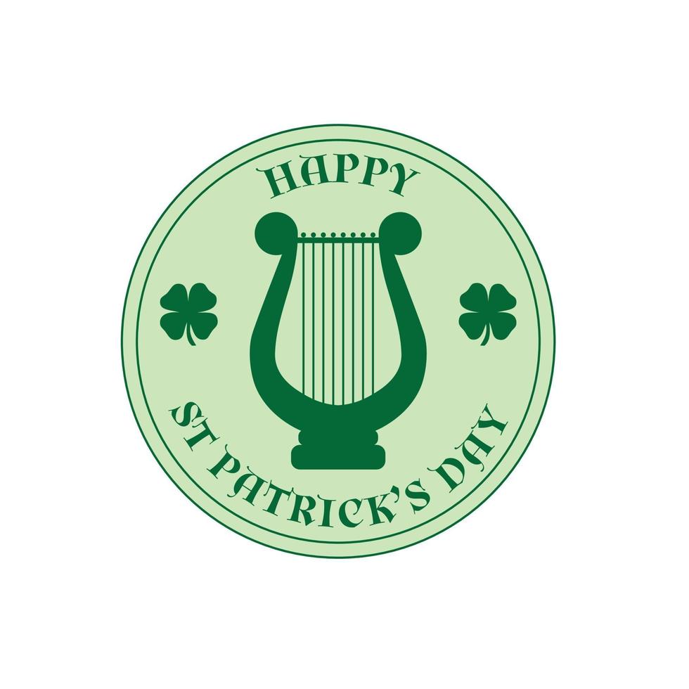 happy Saint Patricks Day circle label with green shamrocks and harp vector