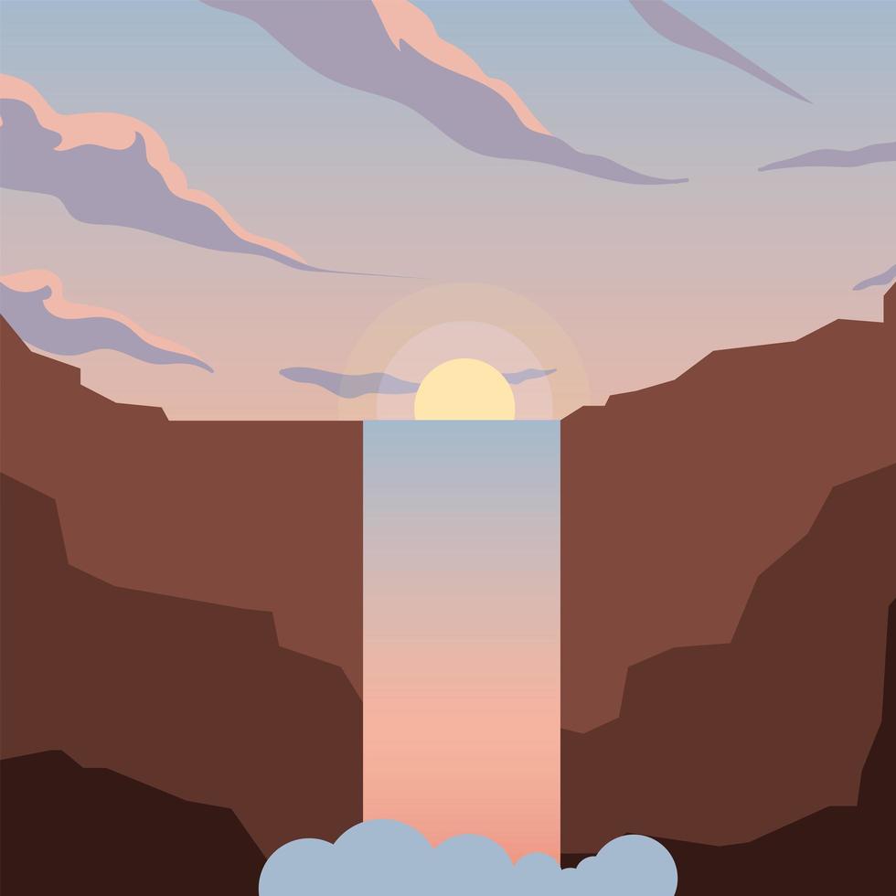 sun and waterfall mountain background vector