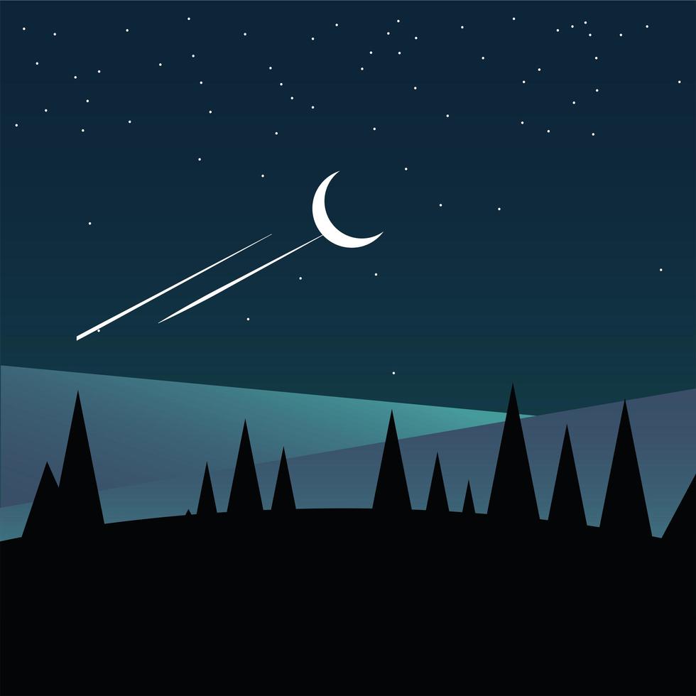 pine trees, mountains and sky with stars background vector